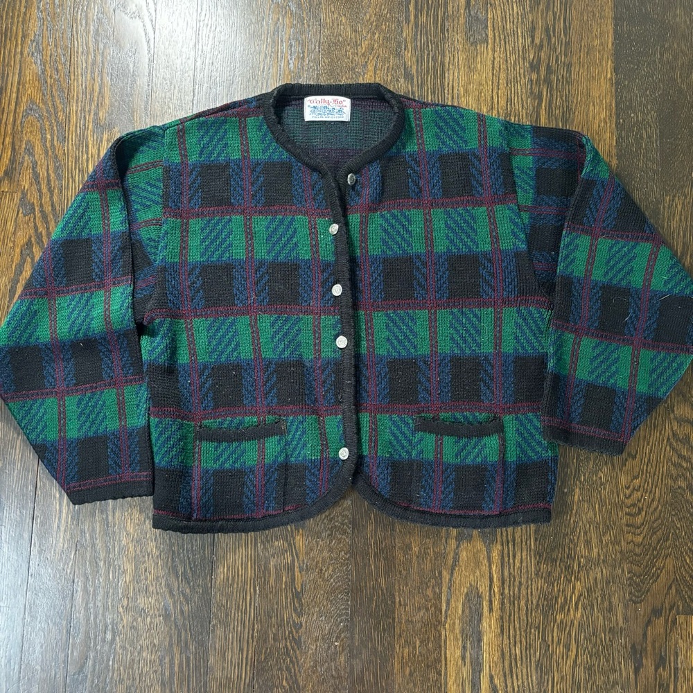 VTG Tally-Ho Creation Pollak IMP-EX Corp Cardigans Green Blue Red Pockets XL?